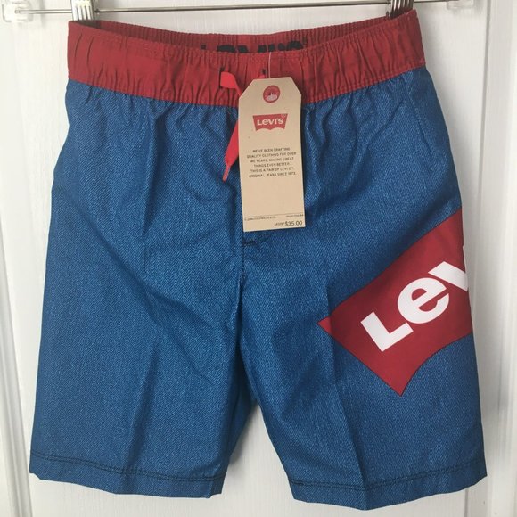 Levis Swimsuit Swim Trunks Size 7 Blue Shorts with Red Logo - Picture 4 of 5